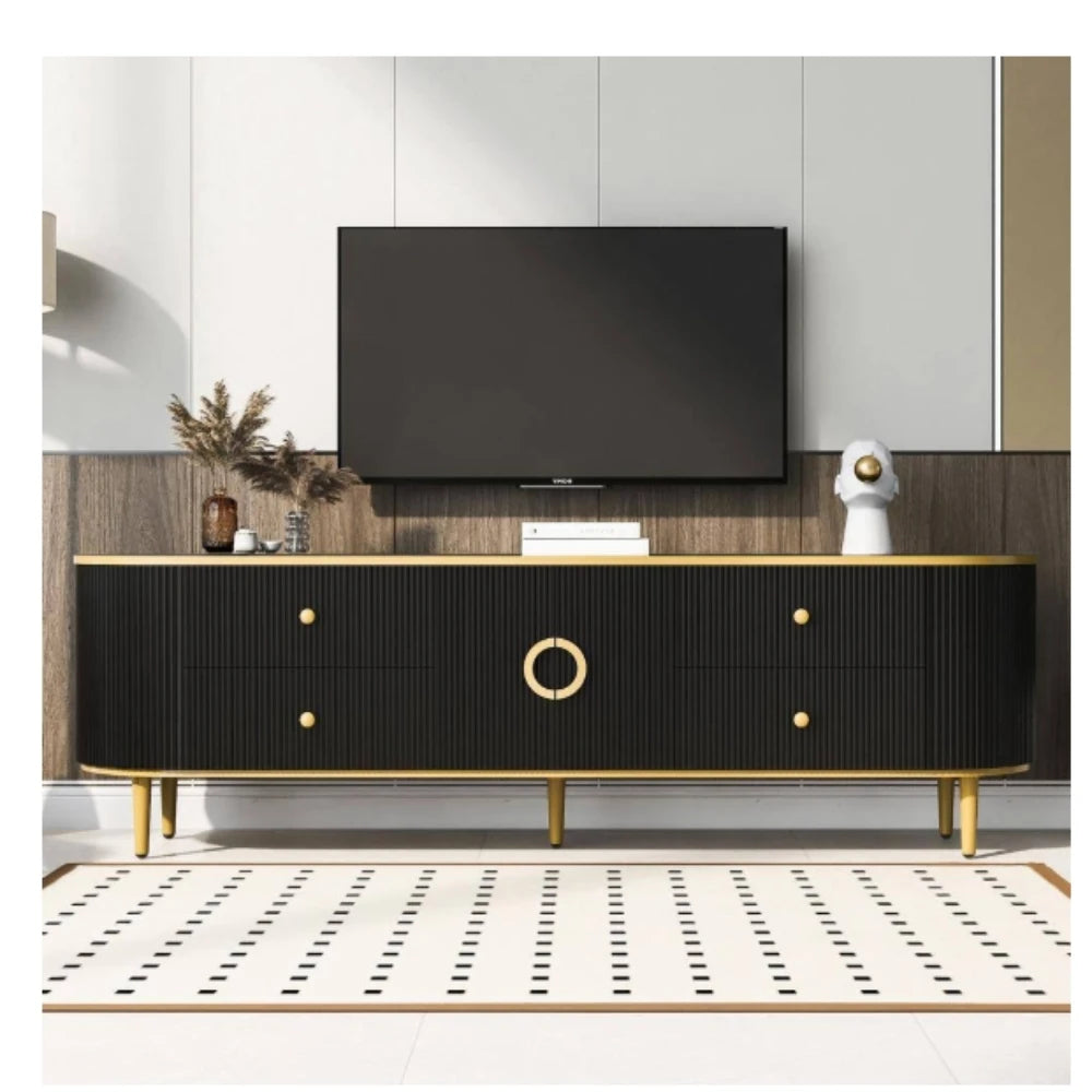 TV Stand With Vertical Groove Patterns And Gold Metal Legs Cabinet With Drawers Storage