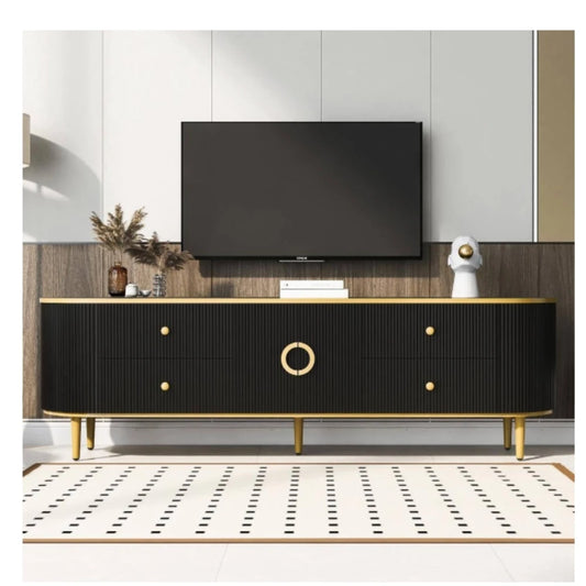 TV Stand Fits TVs up to 80 in. with Vertical Groove Patterns, 4-Storage Drawer, Cabinet, Gold Metal Legs, Handles