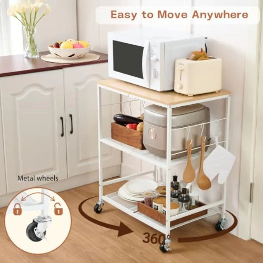 Rolling Microwave Cart With Storage 3-Tier Kitchen Island On Wheels