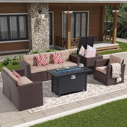 8 Pieces Outdoor Patio Furniture Set, Rattan Patio Conversation Sets with 50000 BTU Gas Fire Pit, Wicker Sectional Sofa Set