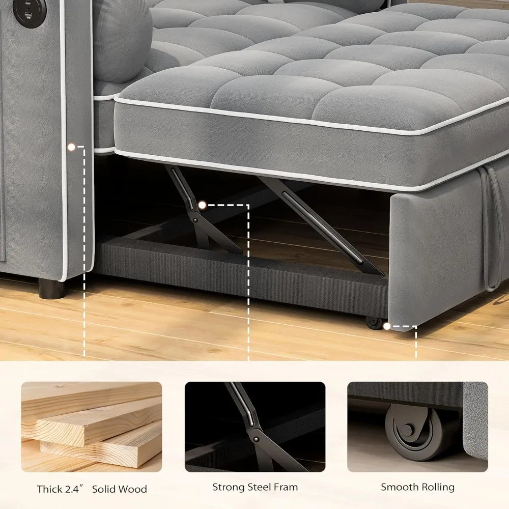 3-in-1 Convertible Sofa Bed, Pull-out Sofa for Living Room, with USB Port and Side Pockets