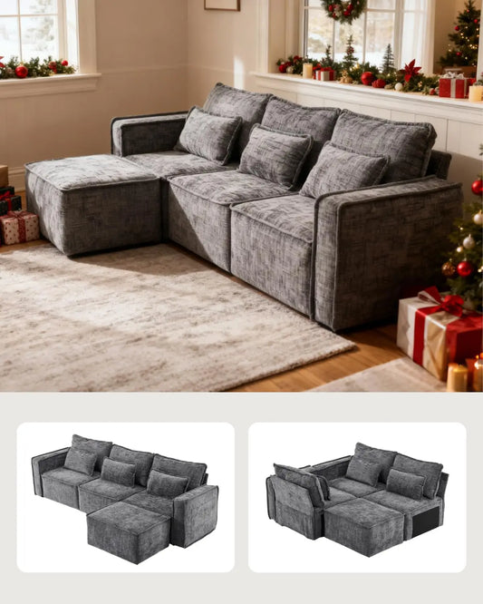 Cloud Sectional Sofa Set With Moveable Ottoman L-Shape Chenille