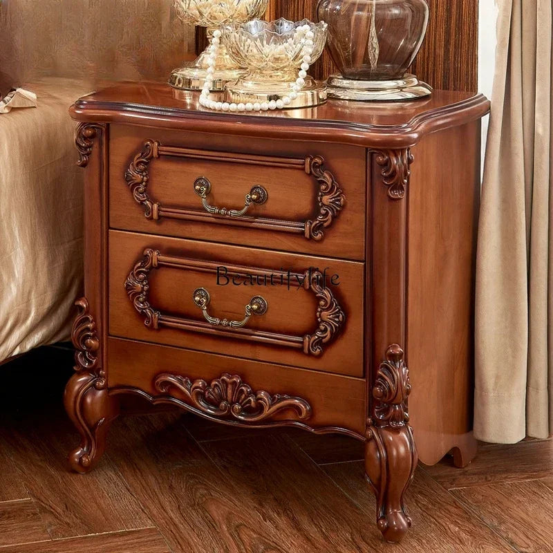 56European bedside table, American solid wood retro bedside table, bedroom storage with drawer engraving