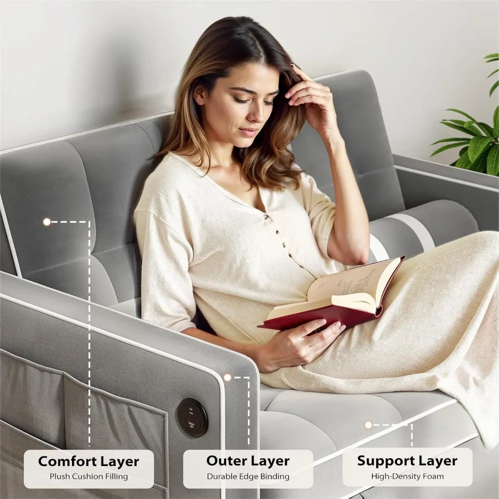 3-in-1 Convertible Sofa Bed, Pull-out Sofa for Living Room, with USB Port and Side Pockets