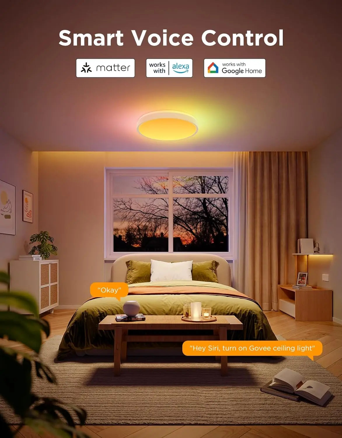 Smart RGBIC Ceiling Light 4300LM Matter Compatible Dimmable Flush Mount Fixture For Bedroom And Living Room