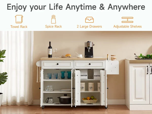 60" Mobile Kitchen Islands Rolling Trolleys Kitchen Island Table Drop Leaf Home Carts with Power Outlet Spice Towel Rack Trash