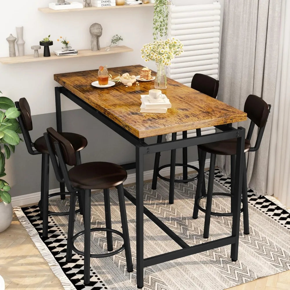 Industrial Bar Table And Four PU Leather Stools Set
