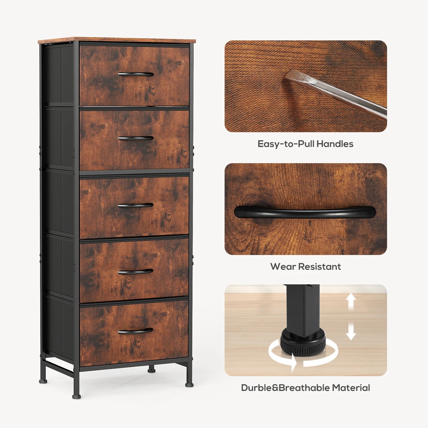 JHK Dresser With 5 Fabric Drawers For Bedroom Storage Cabinet