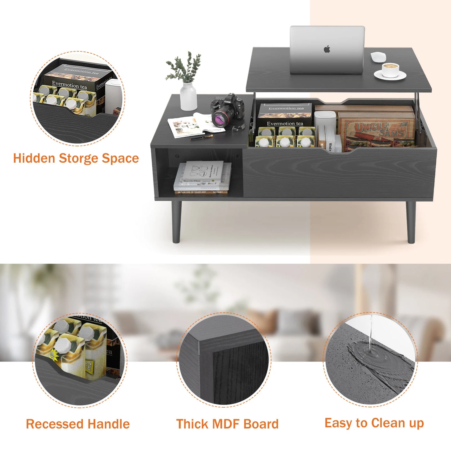 JHK Lift Top Coffee Table Deluxe Adjustable Living Room StorageSolutionMaximization