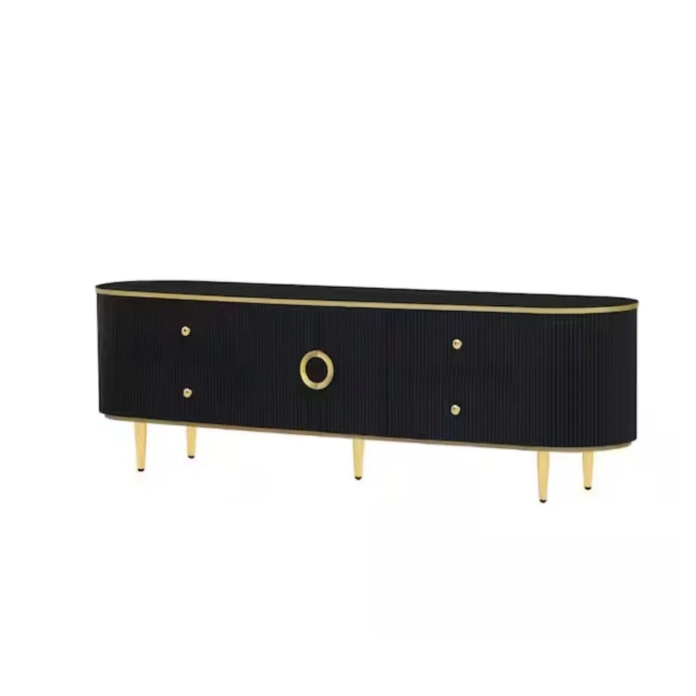 TV Stand With Vertical Groove Patterns And Gold Metal Legs Cabinet With Drawers Storage