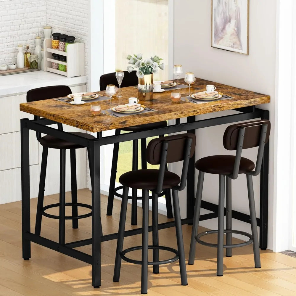 Industrial Bar Table And Four PU Leather Stools Set
