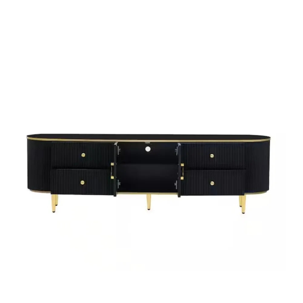 TV Stand With Vertical Groove Patterns And Gold Metal Legs Cabinet With Drawers Storage