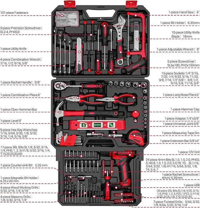 DEKODIY 12V Cordless Drill Tool Set Mechanic Toolbox With Case