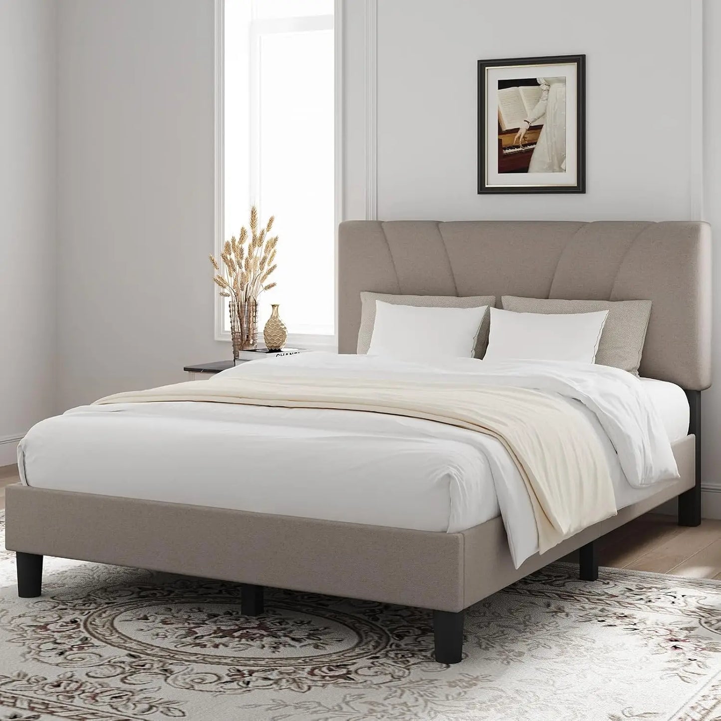 Adjustable Headboard Bed Frame With Linen Upholstery And Easy Assembly