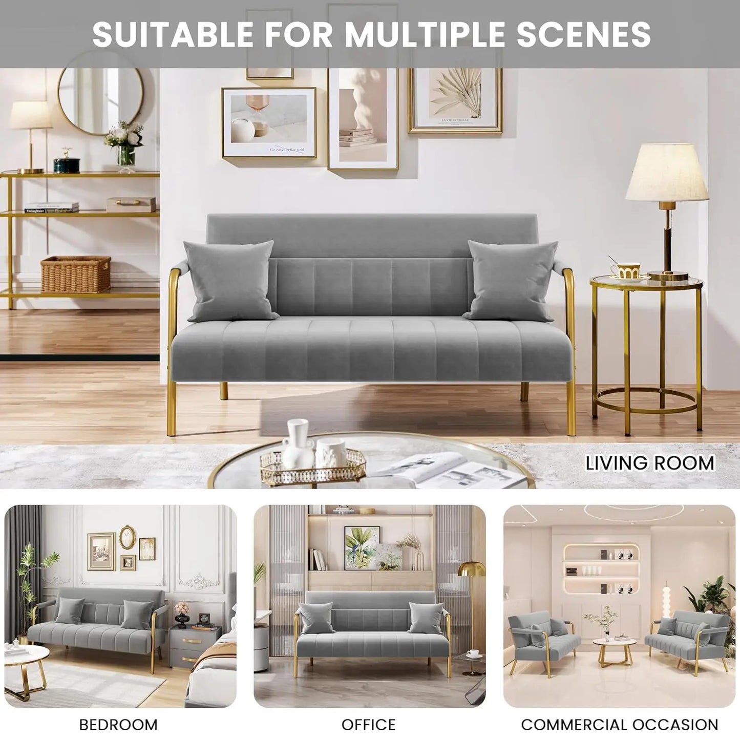 Modern Velvet Sofa With Gold Tone Metal Arms And Legs