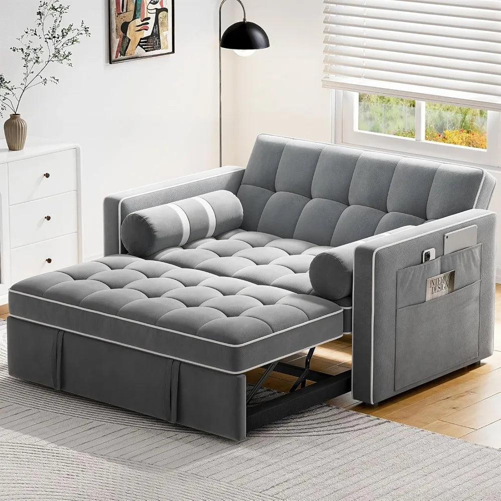 3-in-1 Convertible Sofa Bed, Pull-out Sofa for Living Room, with USB Port and Side Pockets