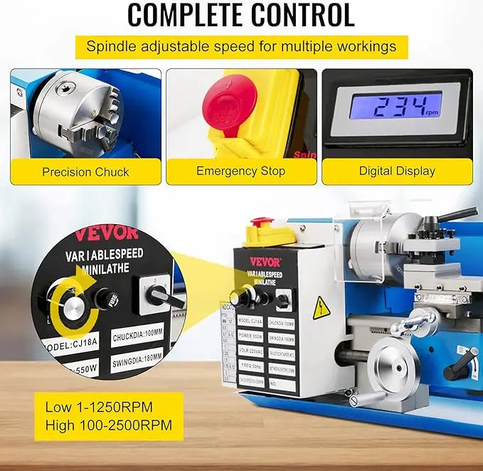 Benchtop Metal Lathe 550W Variable Speed 2250RPM With Digital Display