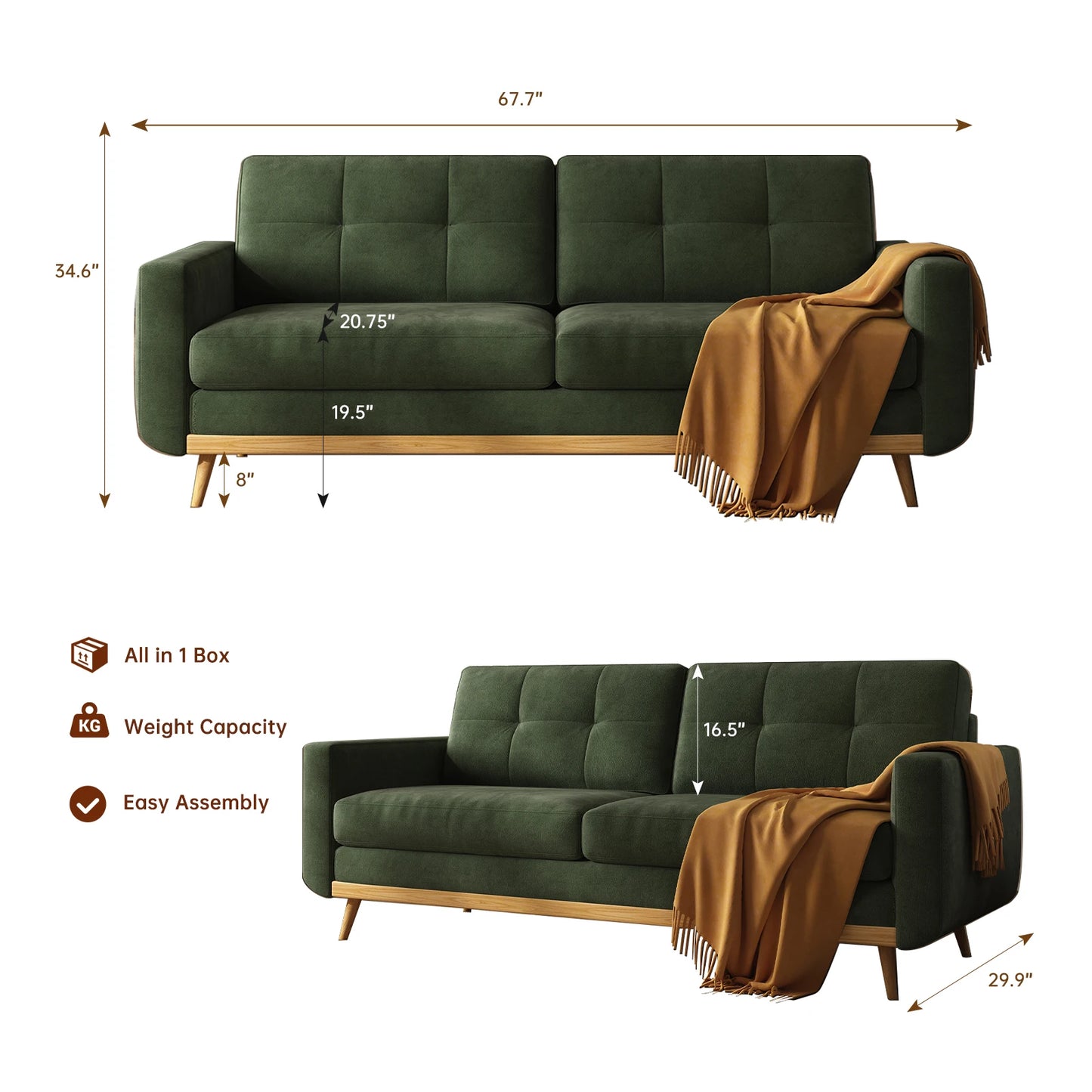 QWCCN Mid Century Modern Loveseat Sofa With Wooden Legs