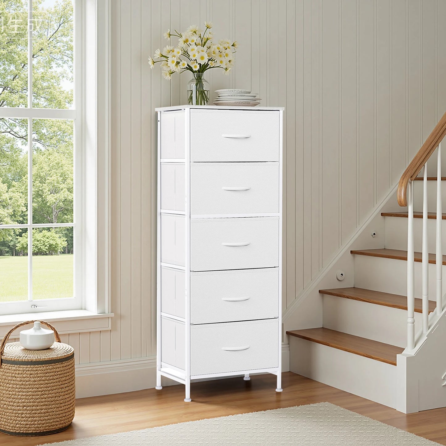 JHK Dresser With 5 Fabric Drawers For Bedroom Storage Cabinet