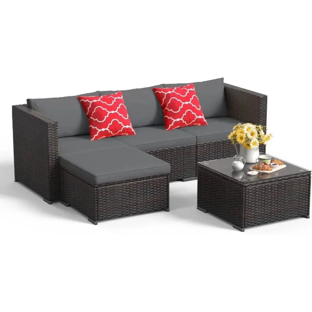 Outdoor All-Weather Garden Furniture Set Wicker Sofa With Glass Table