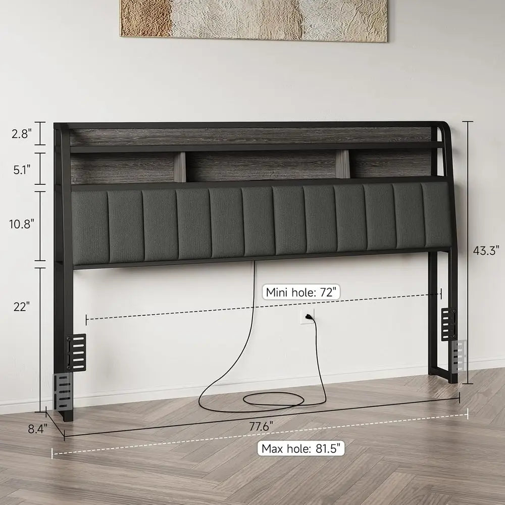 Sturdy Upholstered Headboard Storage LED Light Charging