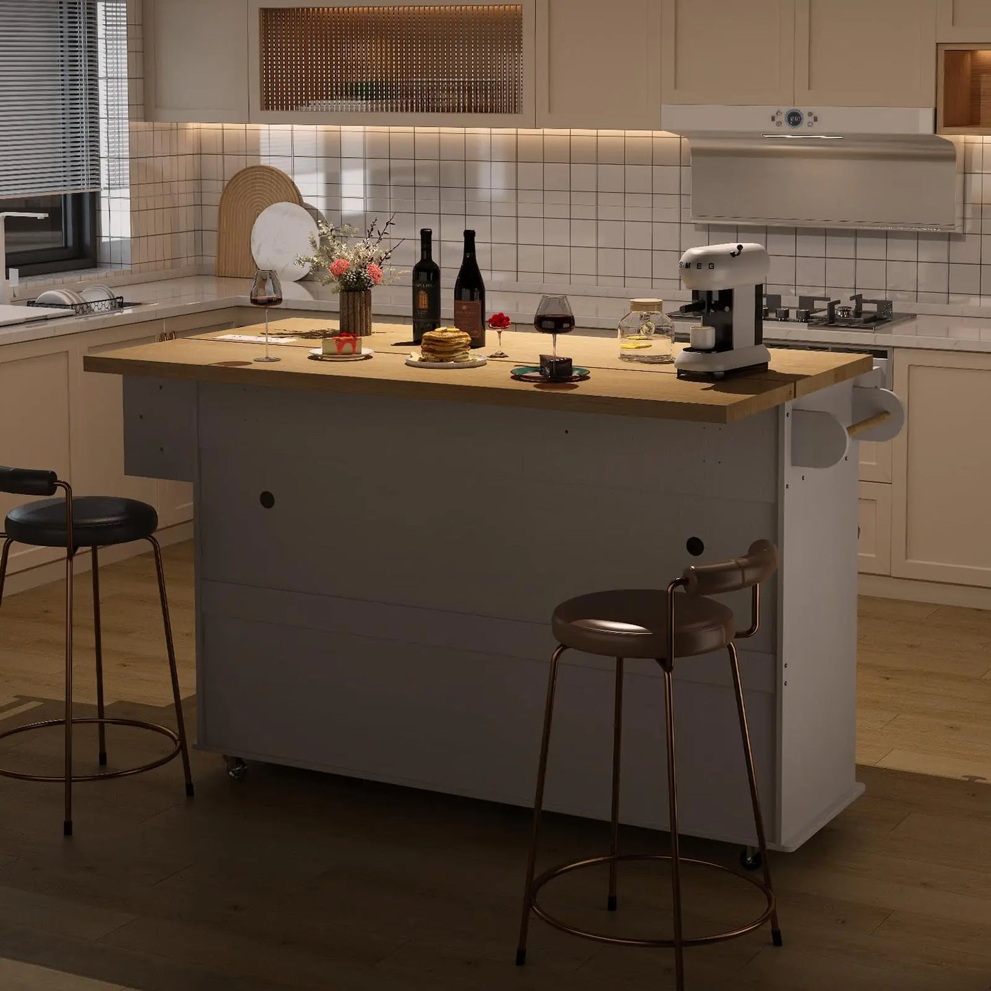 ONBRILL Mobile Kitchen Island With Drop Leaf Power Outlet Spice Rack Towel Rack Trash Drawer