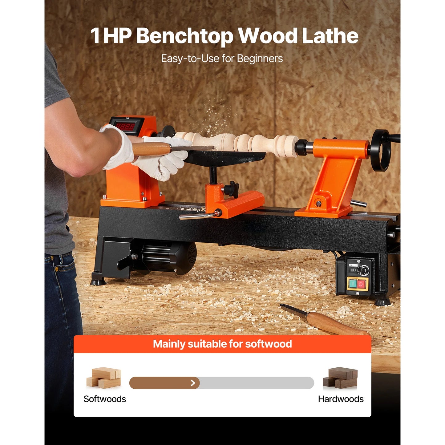Benchtop Wood Lathe 1 HP 0-3800 RPM Variable Speed