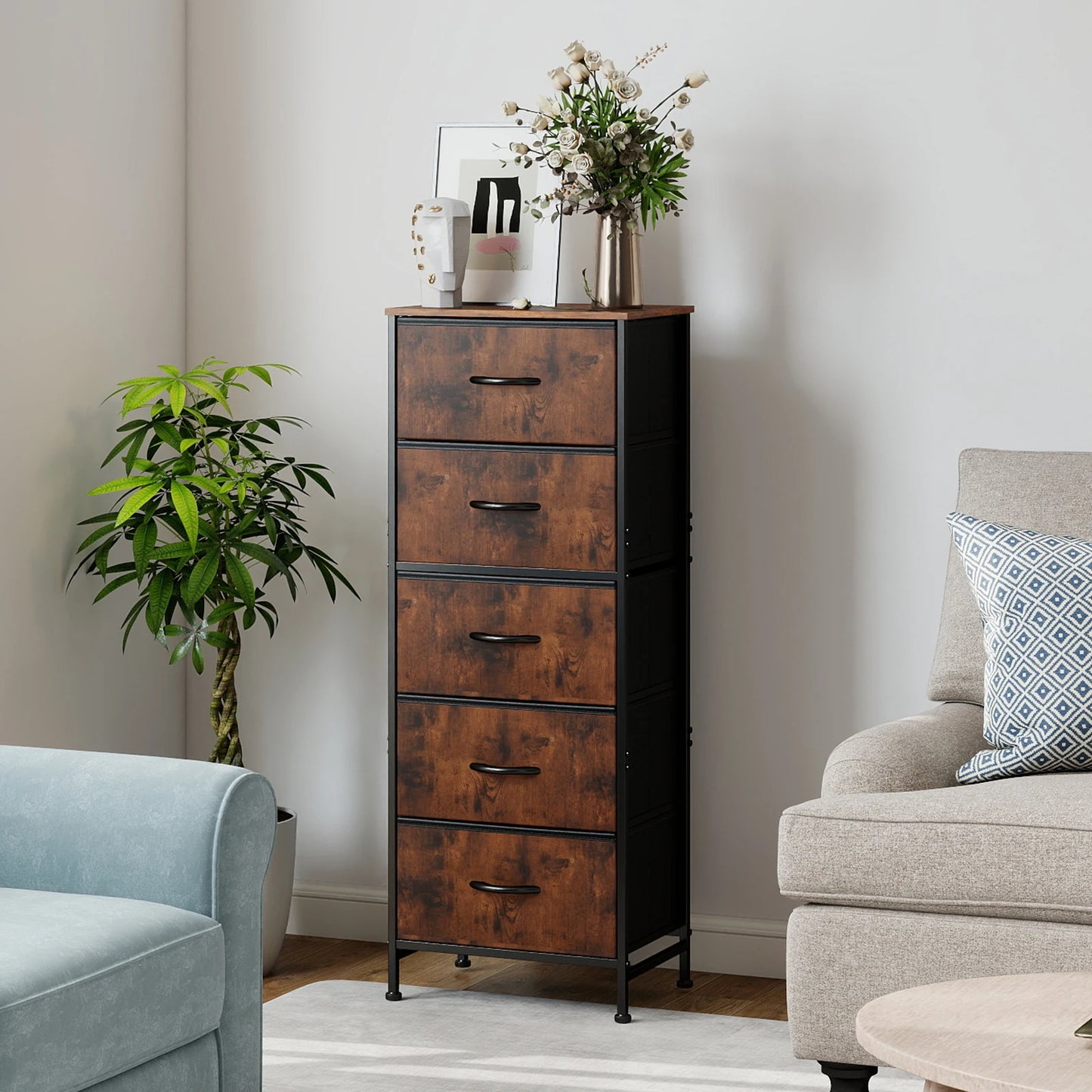 JHK Dresser With 5 Fabric Drawers For Bedroom Storage Cabinet