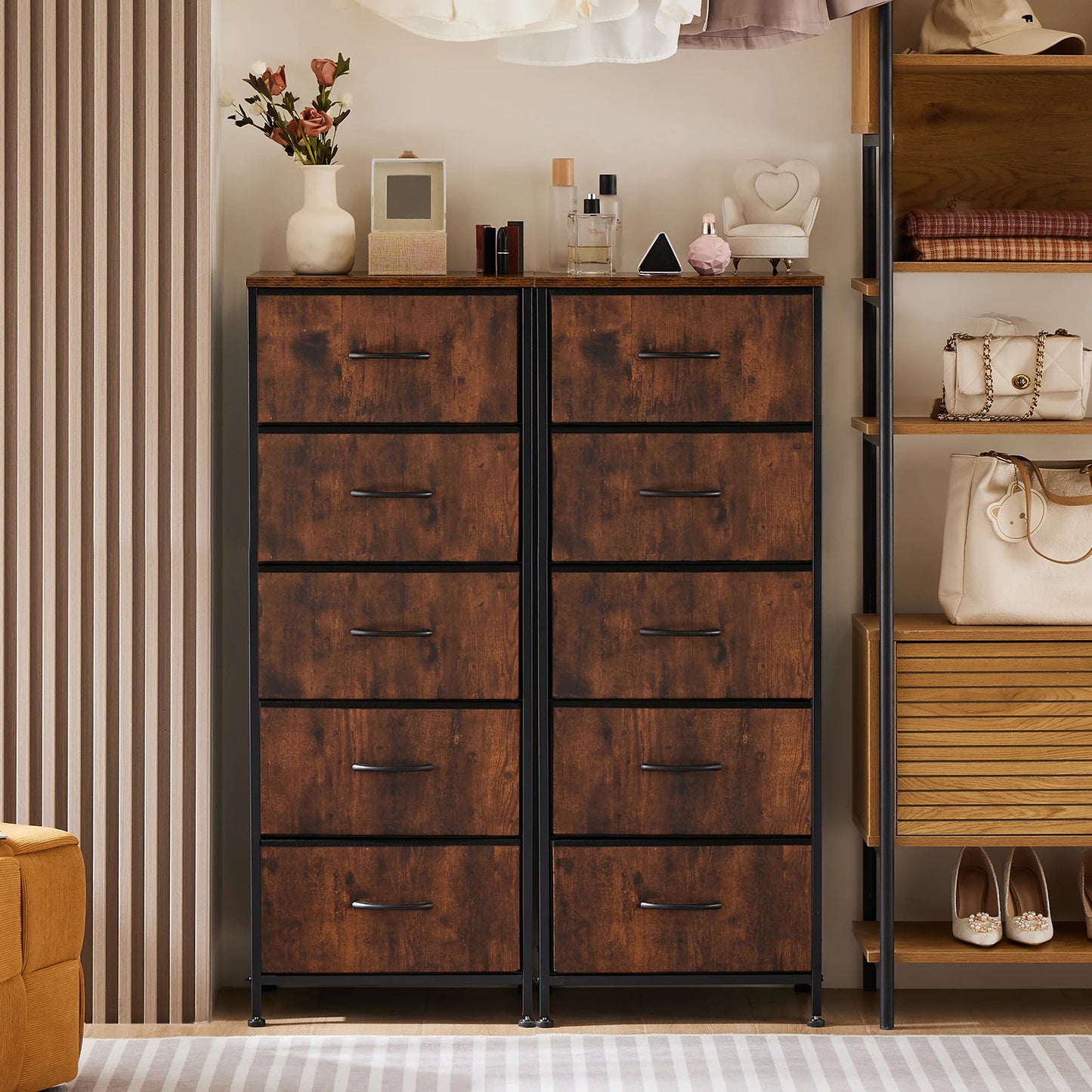 JHK Dresser With 5 Fabric Drawers For Bedroom Storage Cabinet