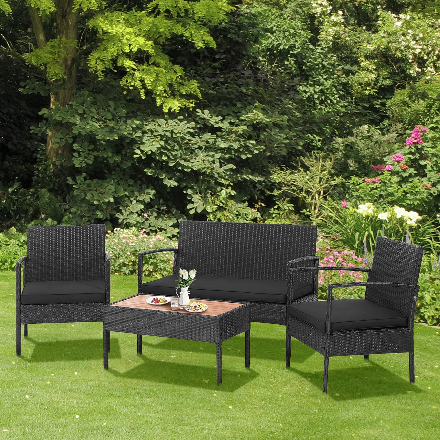 HOMASIS 4 Piece Patio Rattan Furniture Set With Cushioned Chairs And Coffee Table For Outdoor Use