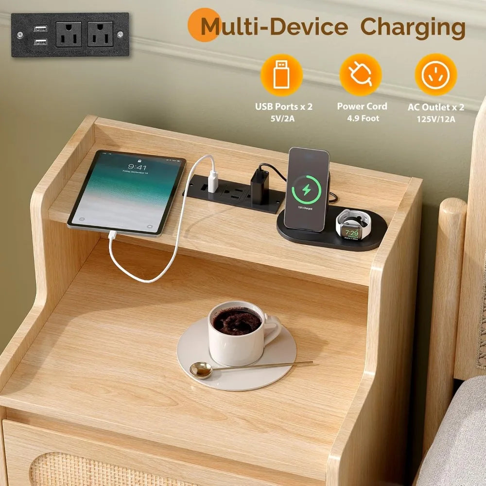 Nightstand Set of 2 Rattan Nightstands With Charging Station