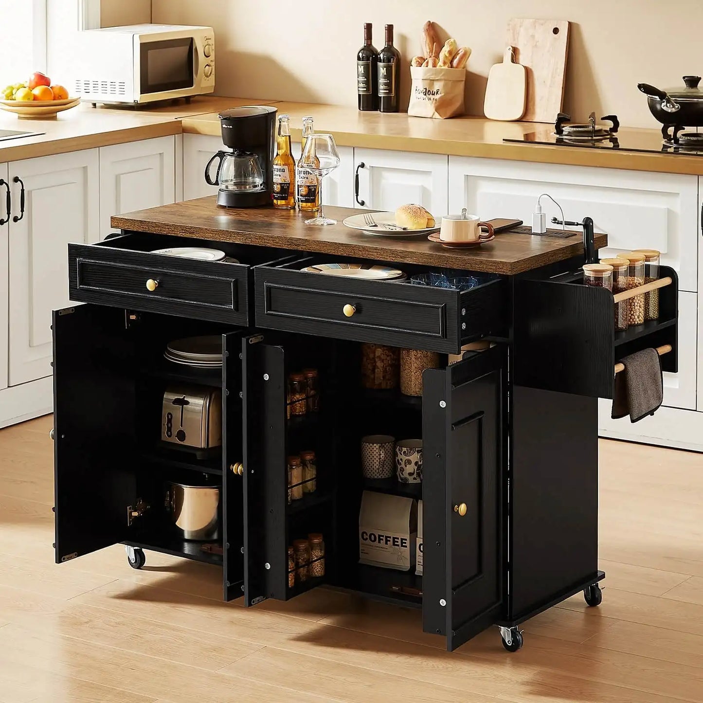 60" Mobile Kitchen Islands Rolling Trolleys Kitchen Island Table Drop Leaf Home Carts with Power Outlet Spice Towel Rack Trash