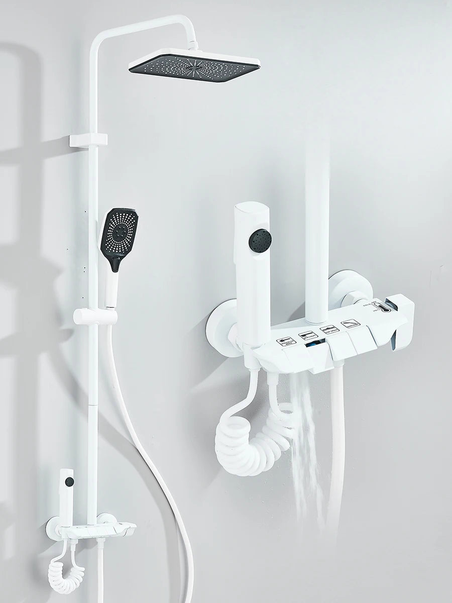 Quyanre 4 Way Piano Shower System With Rain Shower Bidet Faucet Hot Cold Water Mixer For Bathroom Kit