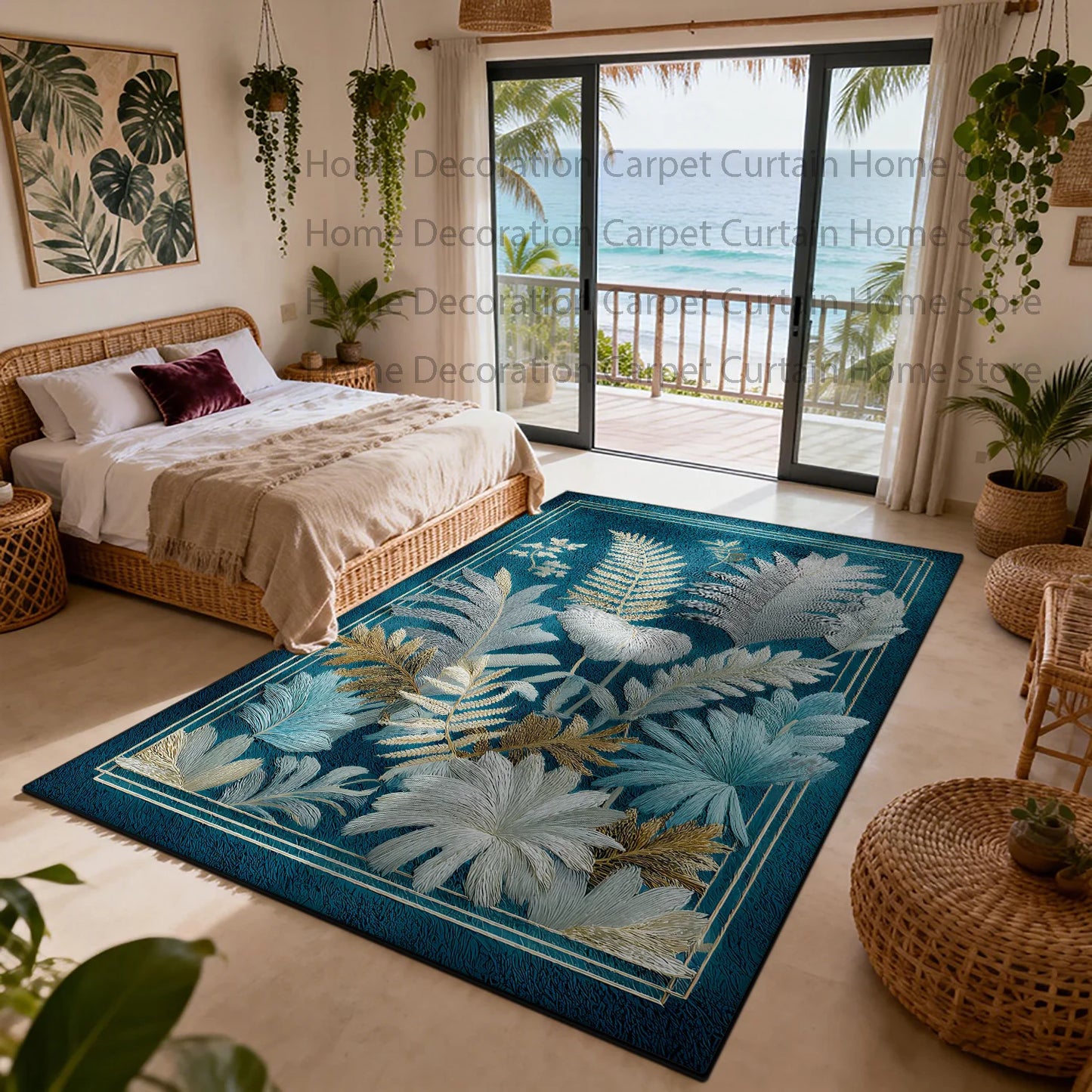 Nordic Plant Pattern Non Slip Rug Soft Polyester Floor Mat