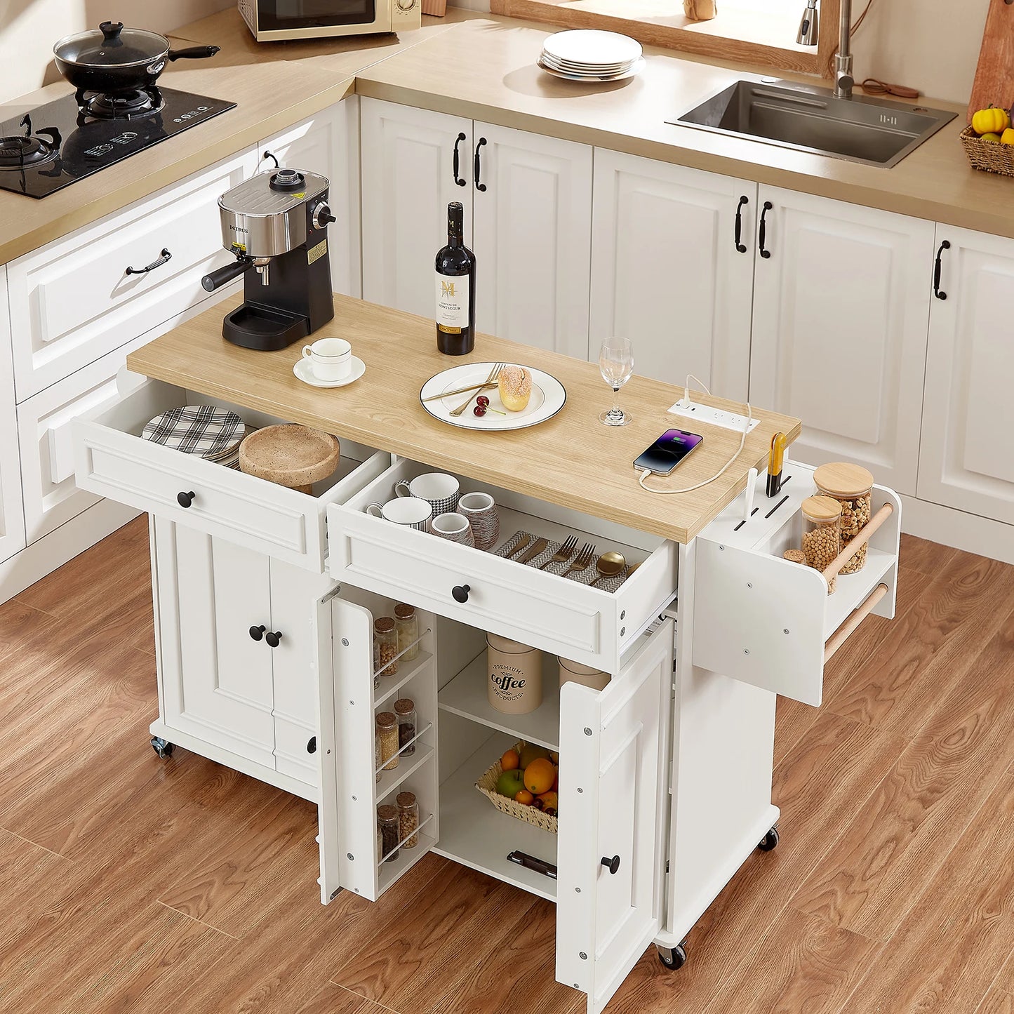 60" Mobile Kitchen Islands Rolling Trolleys Kitchen Island Table Drop Leaf Home Carts with Power Outlet Spice Towel Rack Trash