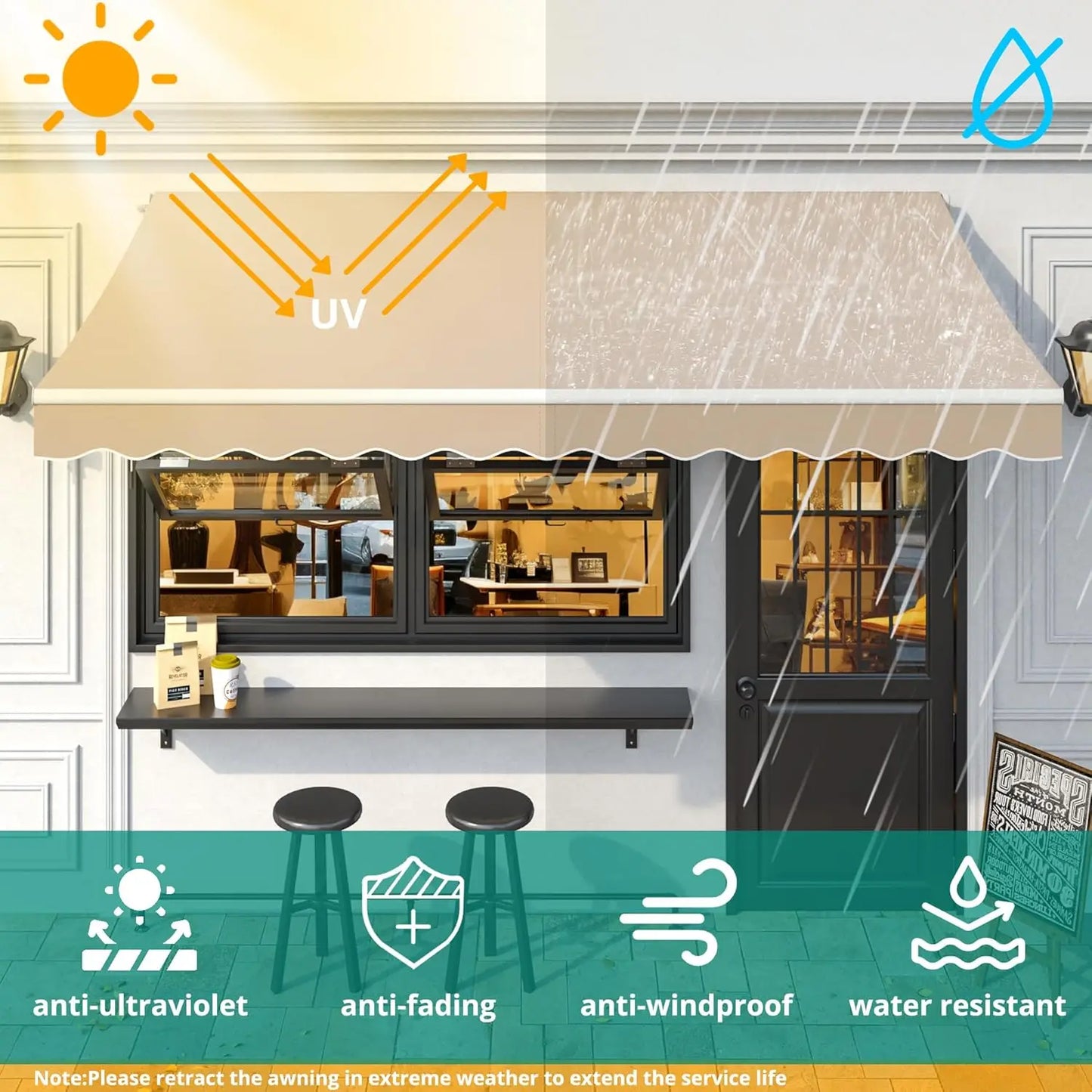 XMSJ Retractable Awning For Outdoor Patio Cafe Courtyard