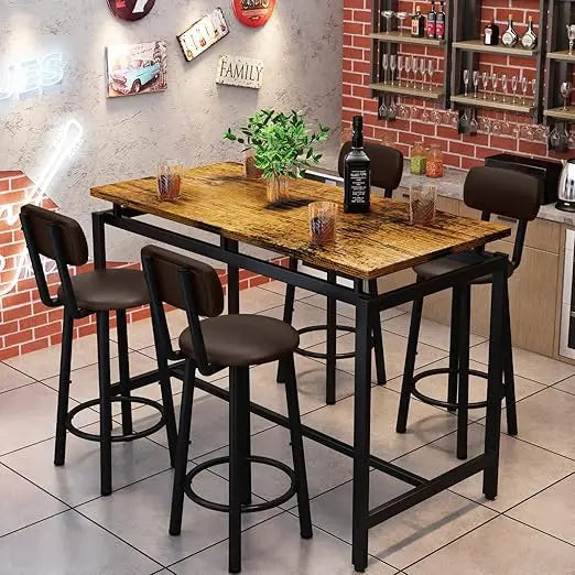 Industrial Bar Table And Four PU Leather Stools Set