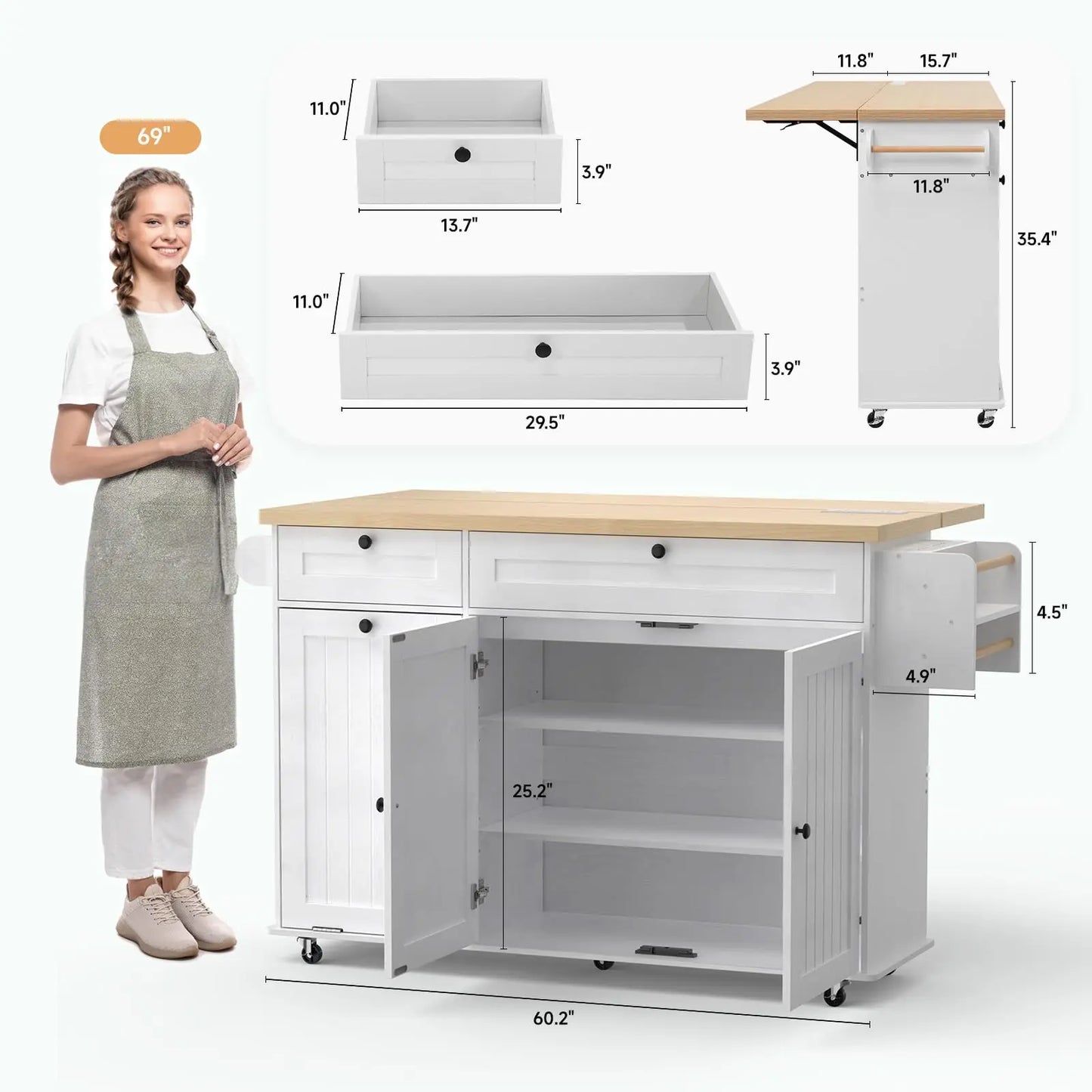 ONBRILL Mobile Kitchen Island With Drop Leaf Power Outlet Spice Rack Towel Rack Trash Drawer