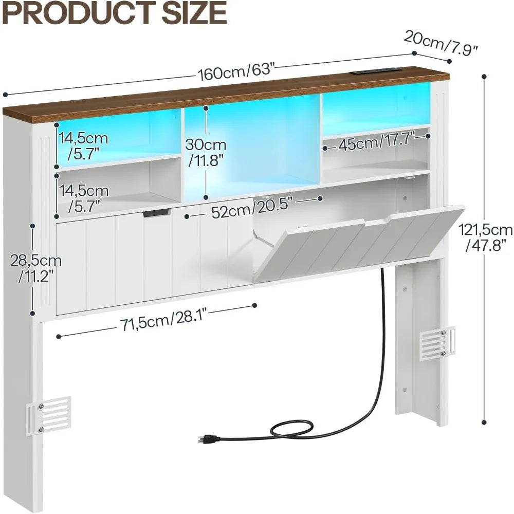 MKDK Headboard With Bookcase USB Charging LED Lights Storage