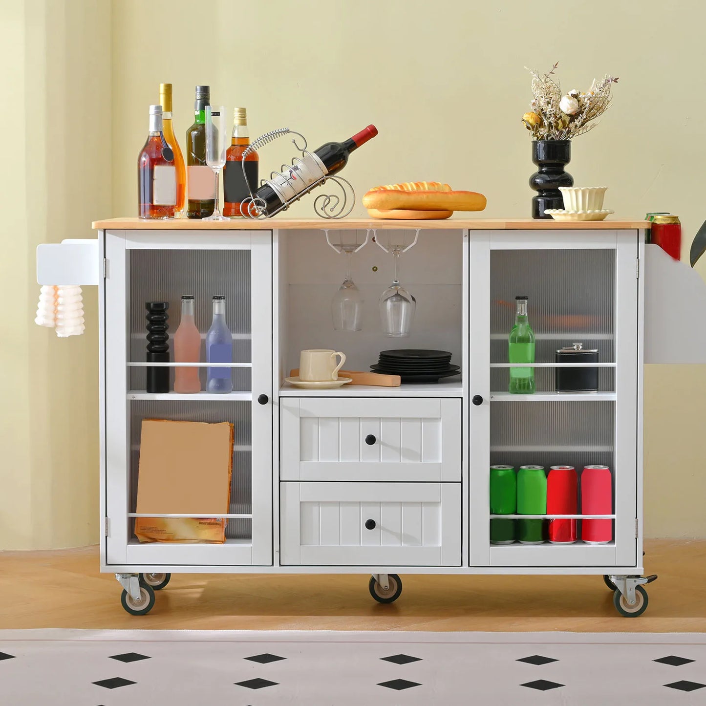 Kitchen Island On Wheels With Drop Leaf Bar Countertop And Open Storage Rack For Mobile Kitchen