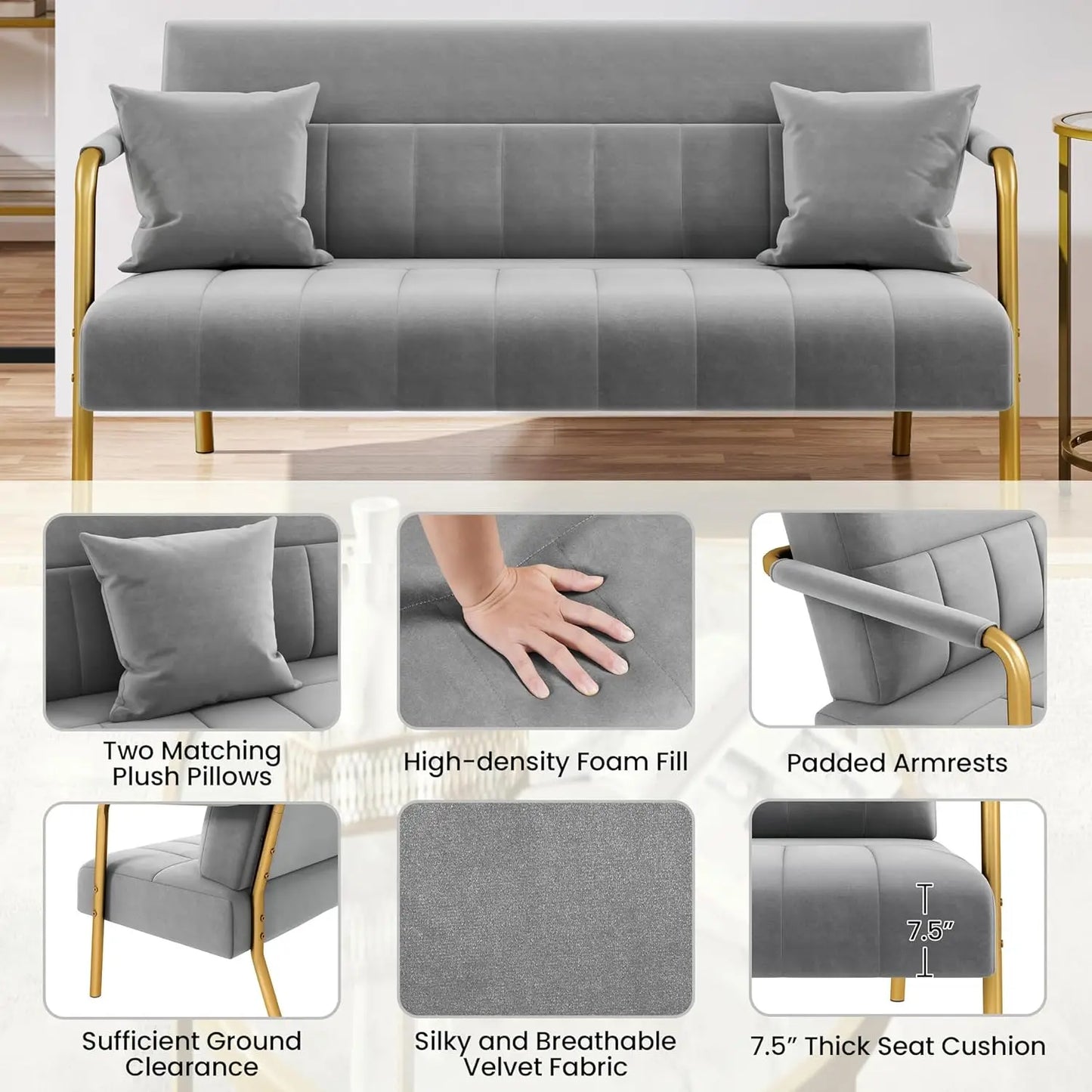 Modern Velvet Sofa With Gold Tone Metal Arms And Legs