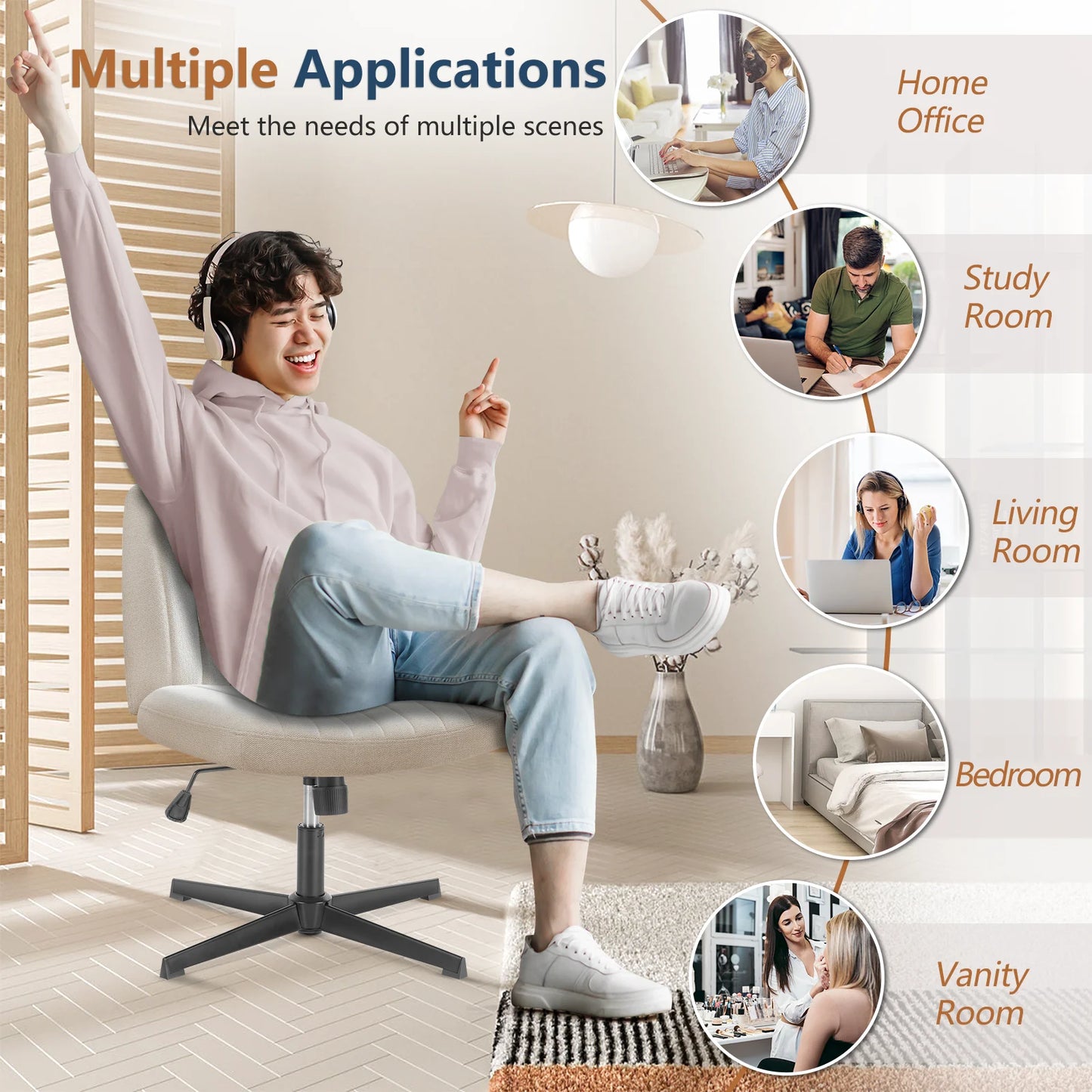 JHK Cross Legged Office Chair Rocking Swivel Fabric