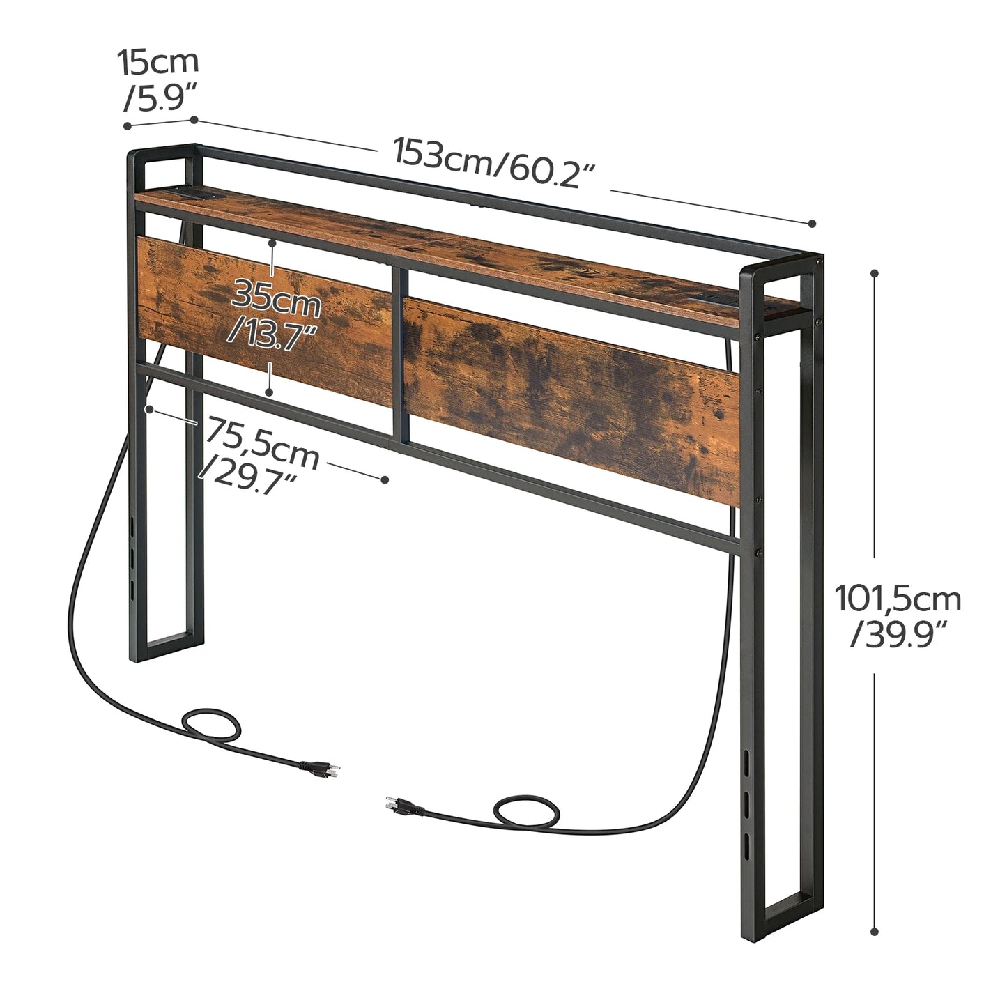 Headboard With 2 Outlets And 4 USB Ports, Adjustable Height, Storage Rack Sturdy And Stable
