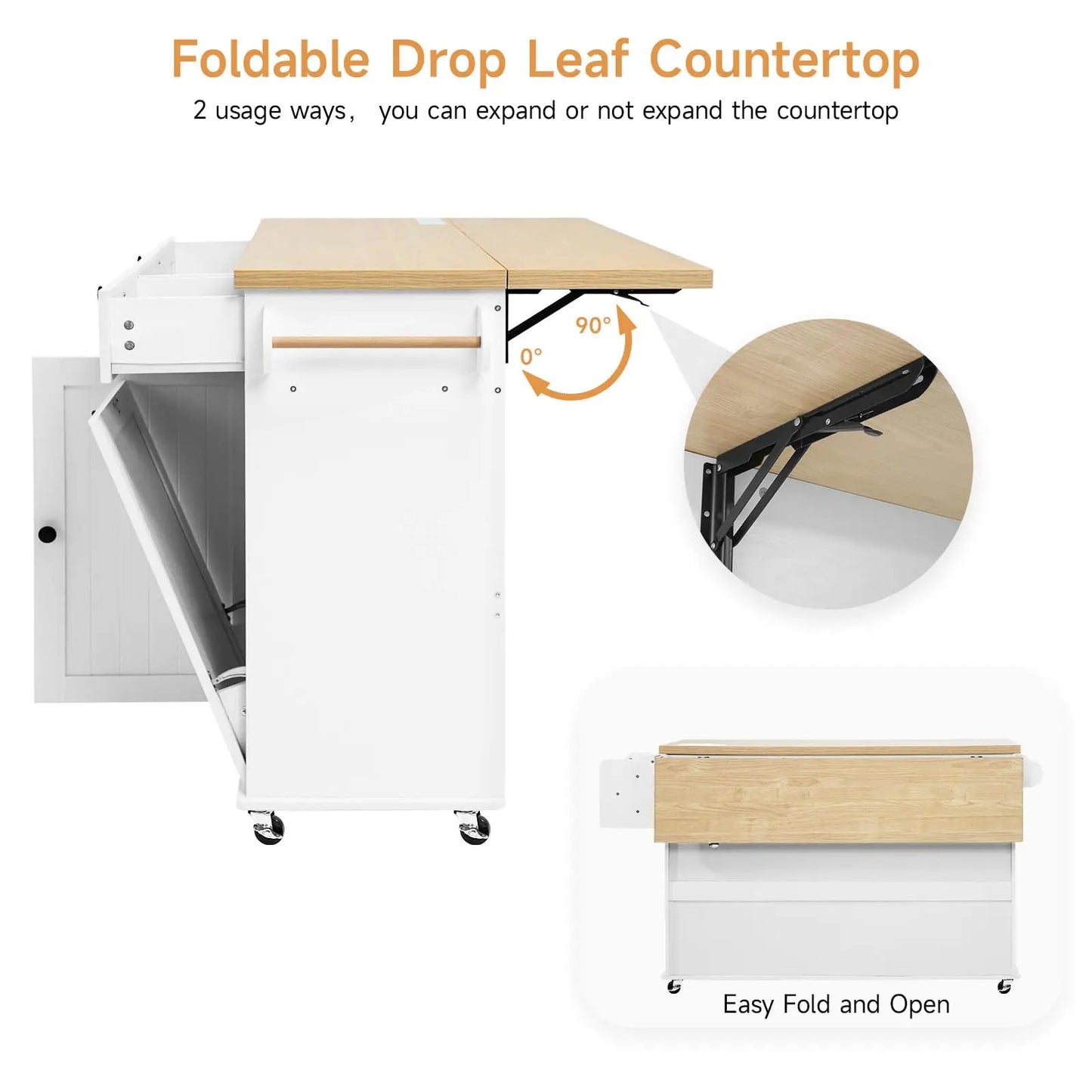 ONBRILL Mobile Kitchen Island With Drop Leaf Power Outlet Spice Rack Towel Rack Trash Drawer
