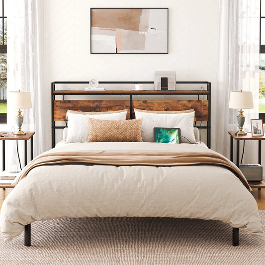 Headboard With 2 Outlets And 4 USB Ports, Adjustable Height, Storage Rack Sturdy And Stable