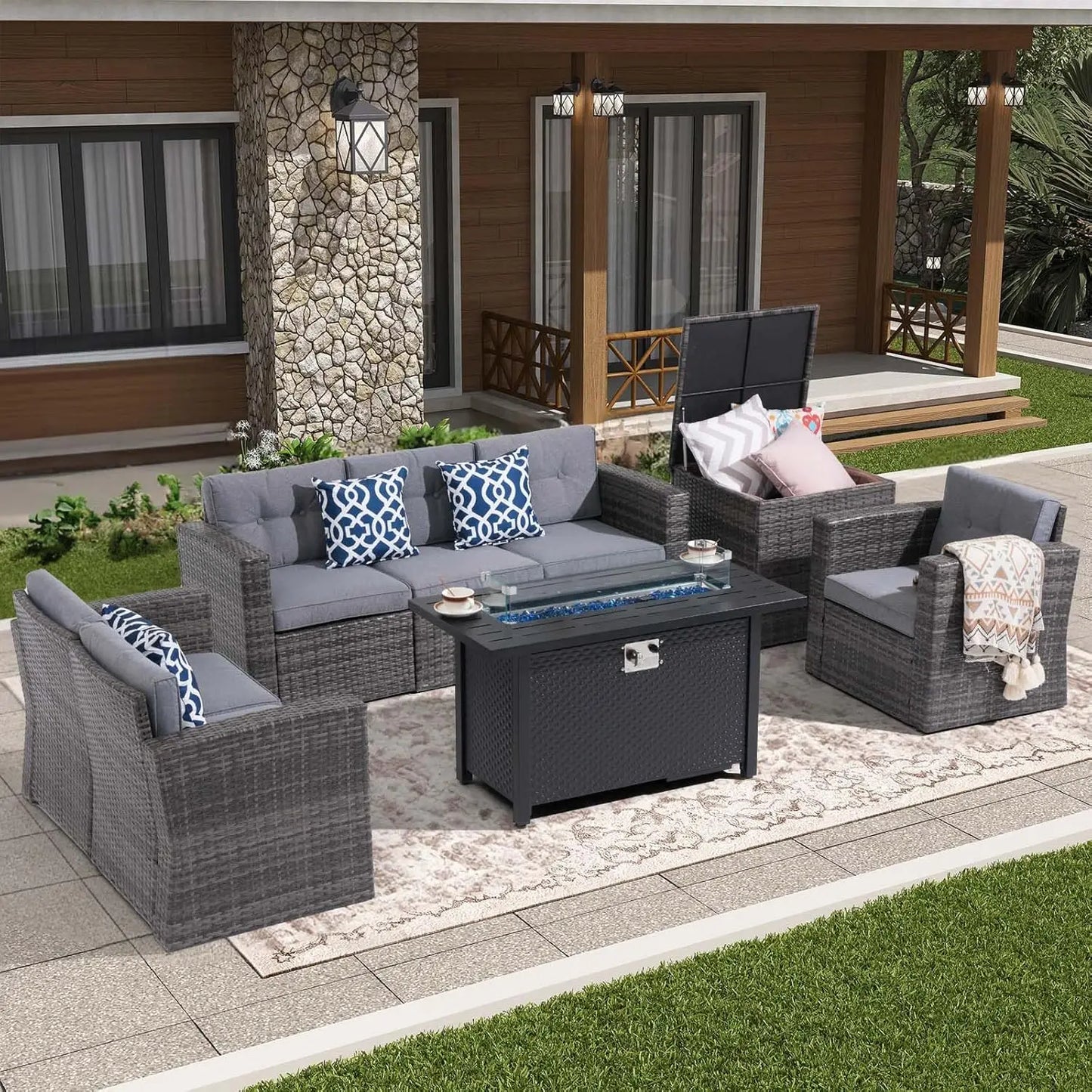 8-Piece Outdoor Rattan Patio Furniture Set With Gas Fire Pit