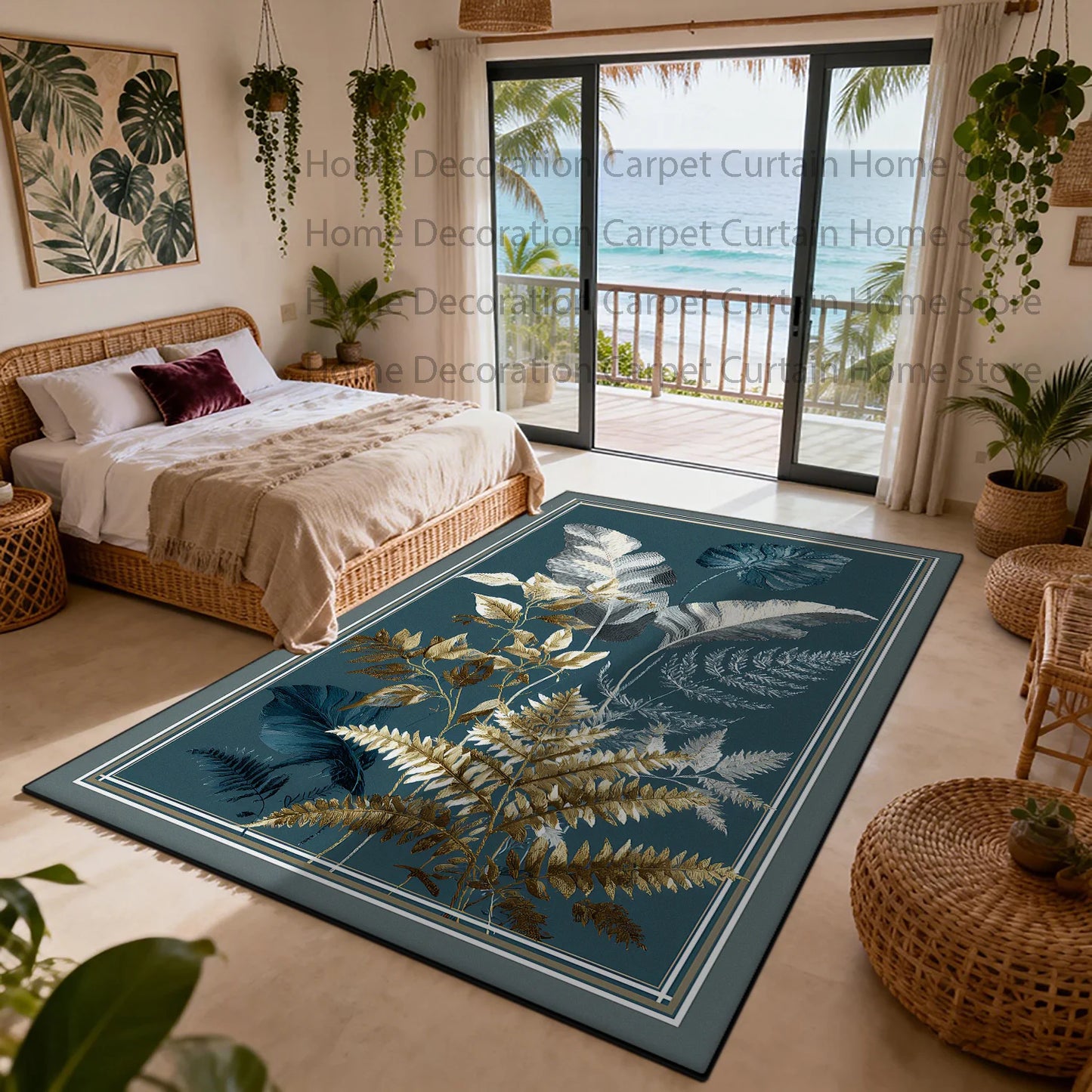 Nordic Plant Pattern Non Slip Rug Soft Polyester Floor Mat