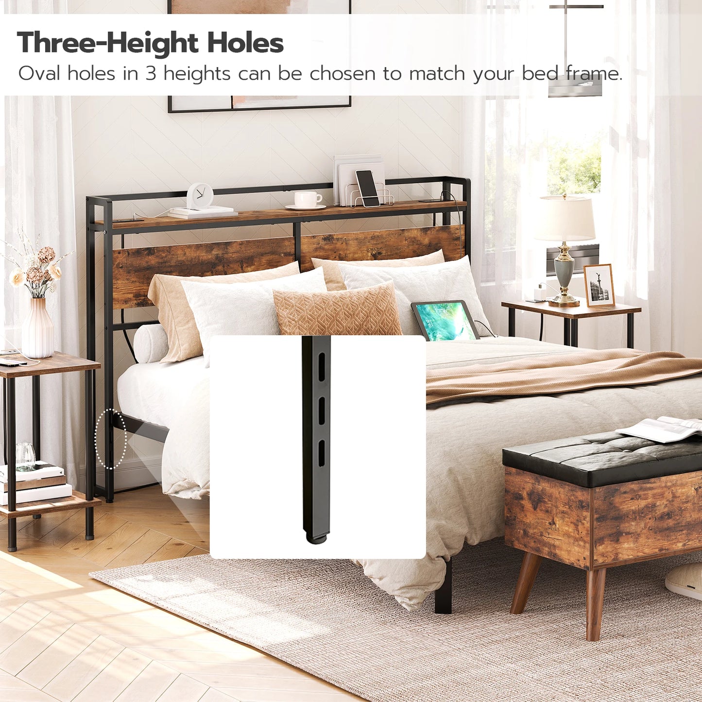 Headboard With 2 Outlets And 4 USB Ports, Adjustable Height, Storage Rack Sturdy And Stable