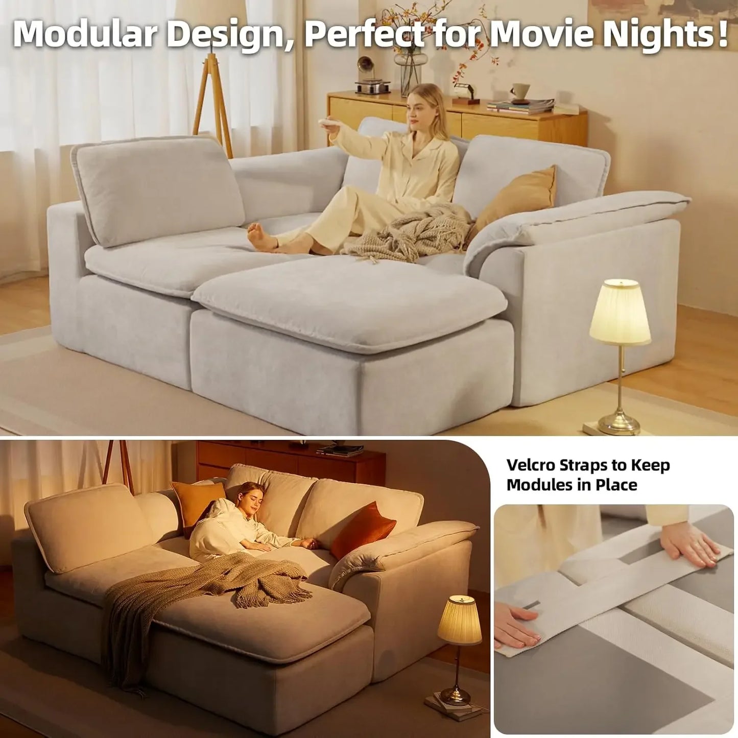 112" Cloud Couch Sectional with Padded Armrests & Moveable Ottoman Boneless Sectional Couches for Living Room White, Customized