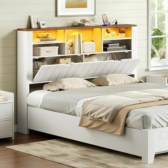 MKDK Headboard With Bookcase USB Charging LED Lights Storage